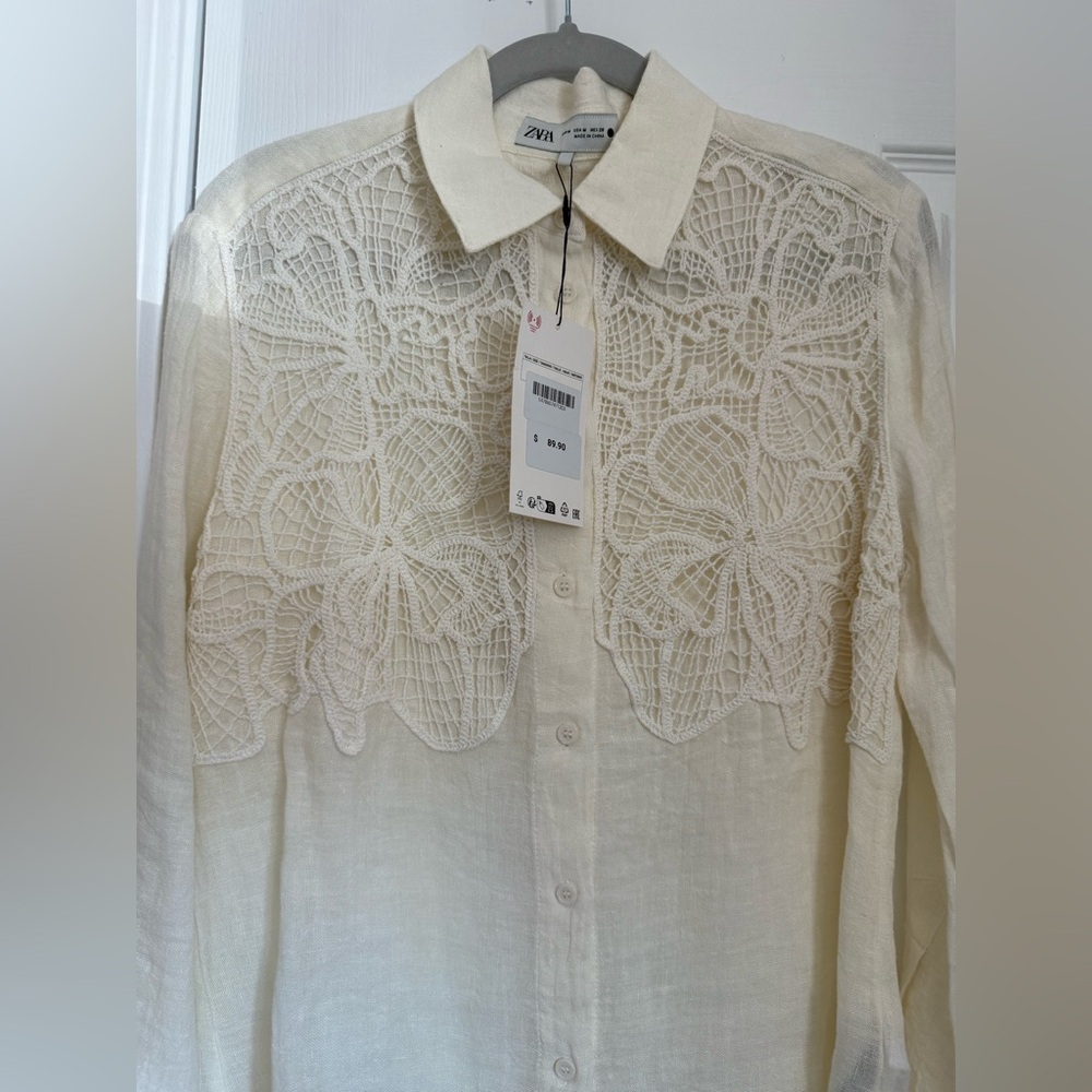 NEW Zara Ivory Linen Shirt with Lace